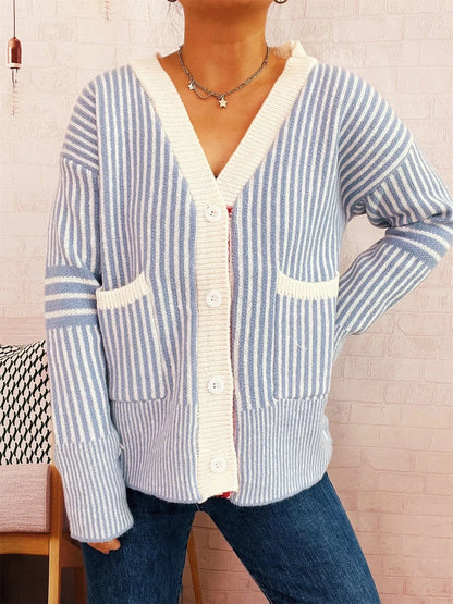 Striped Button-Front Cardigan with Contrast Trim Cardigan The Nichole Collection
