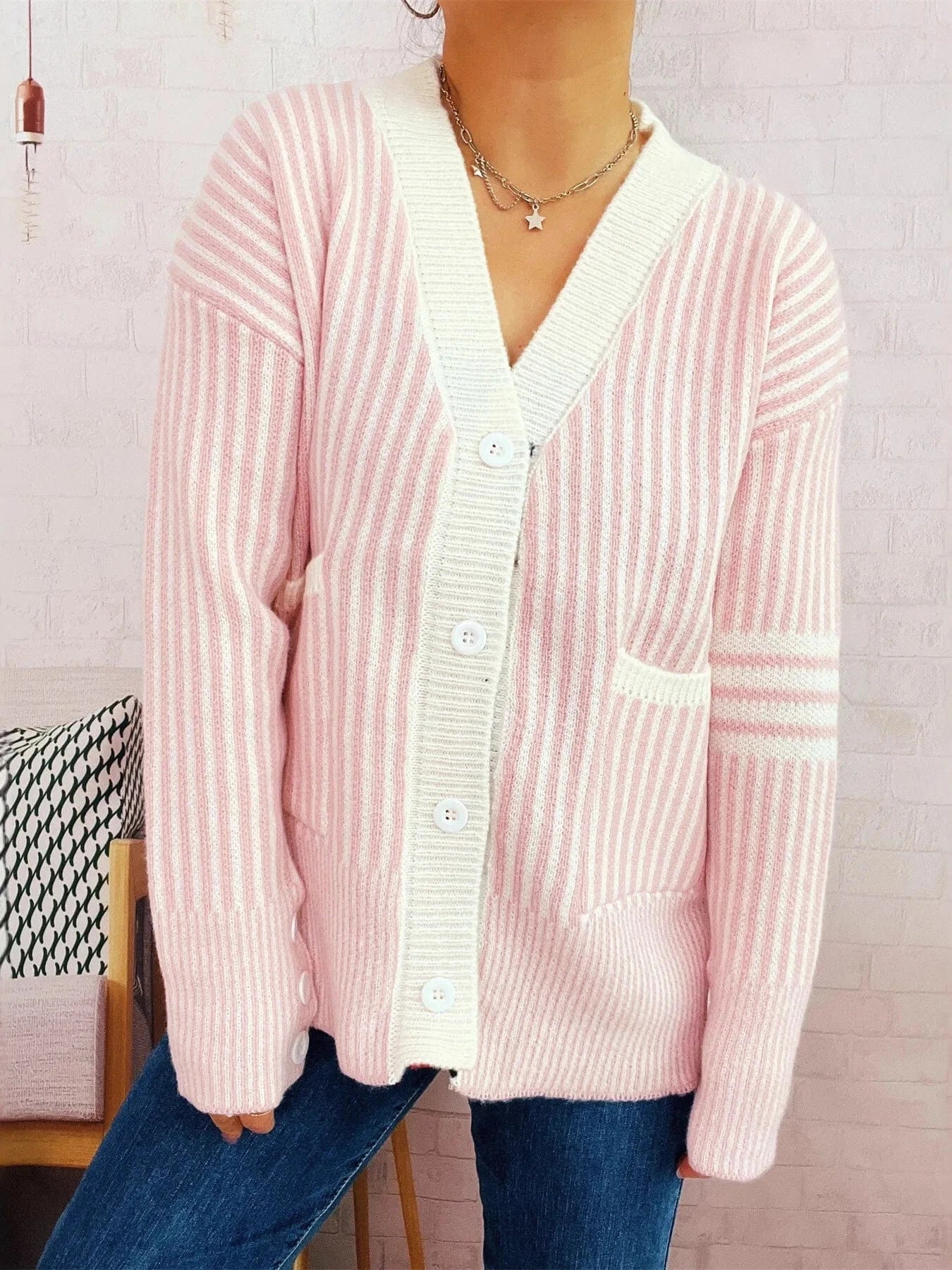 Striped Button-Front Cardigan with Contrast Trim Cardigan The Nichole Collection