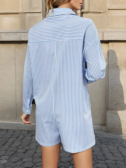 Striped Button Front Long Sleeve Romper The Nichole Collection