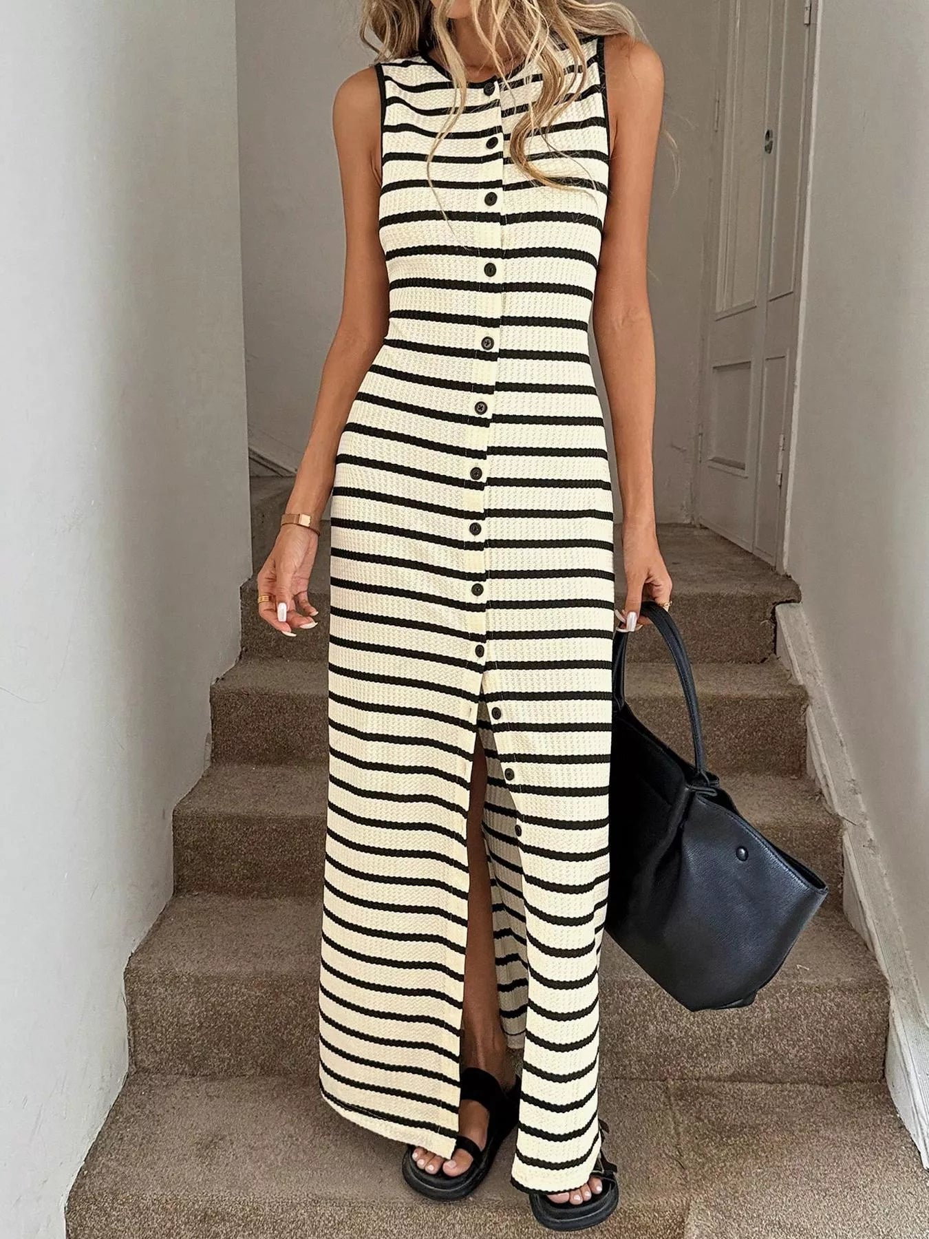 Striped Button-Front Sleeveless Slit Maxi Dress The Nichole Collection - Official Site