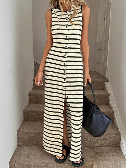 Striped Button-Front Sleeveless Slit Maxi Dress The Nichole Collection - Official Site