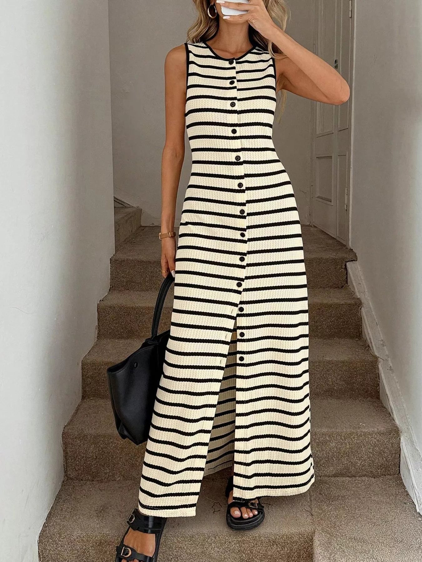 Striped Button-Front Sleeveless Slit Maxi Dress The Nichole Collection - Official Site
