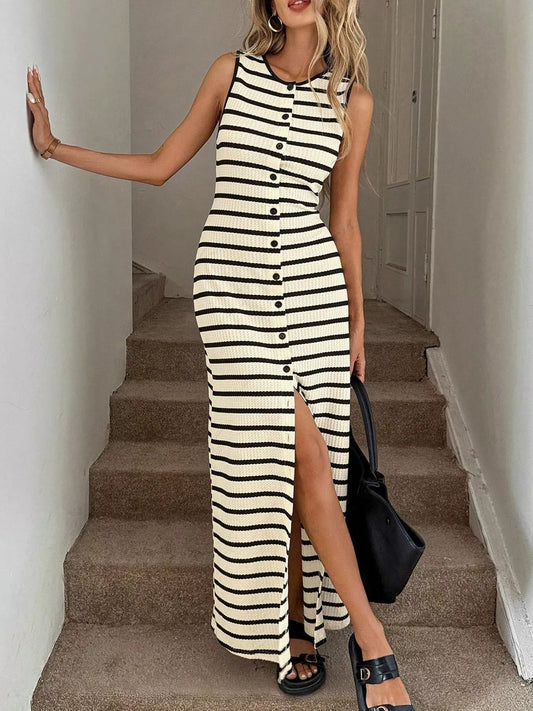 Striped Button-Front Sleeveless Slit Maxi Dress Stripe / S The Nichole Collection - Official Site