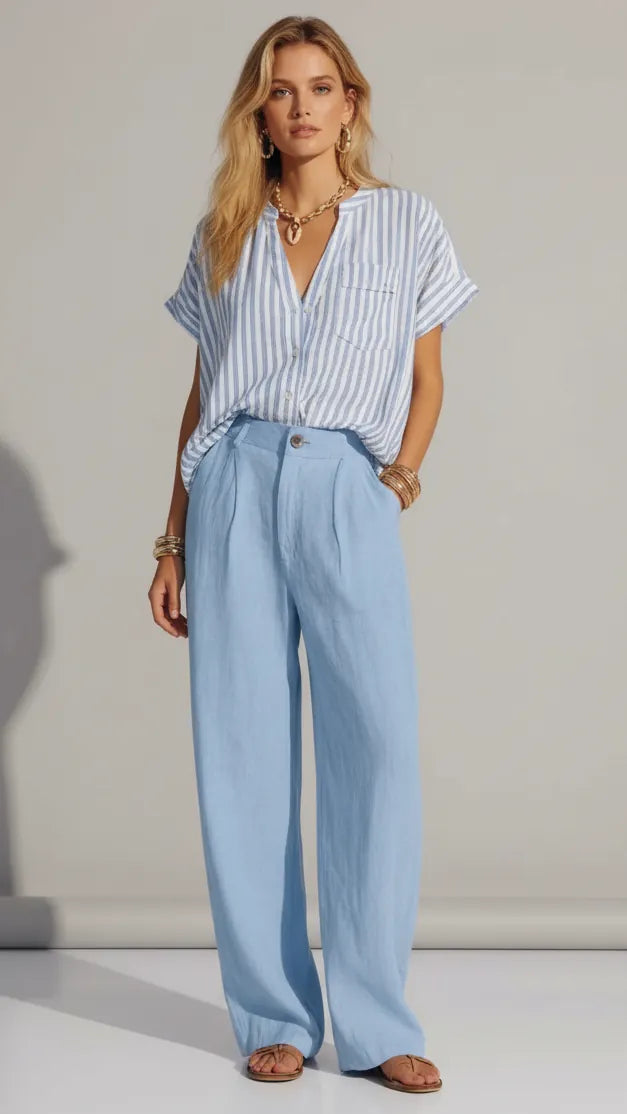 Striped Button Up Shirt and Pants Set Sky Blue / S The Nichole Collection - Official Site