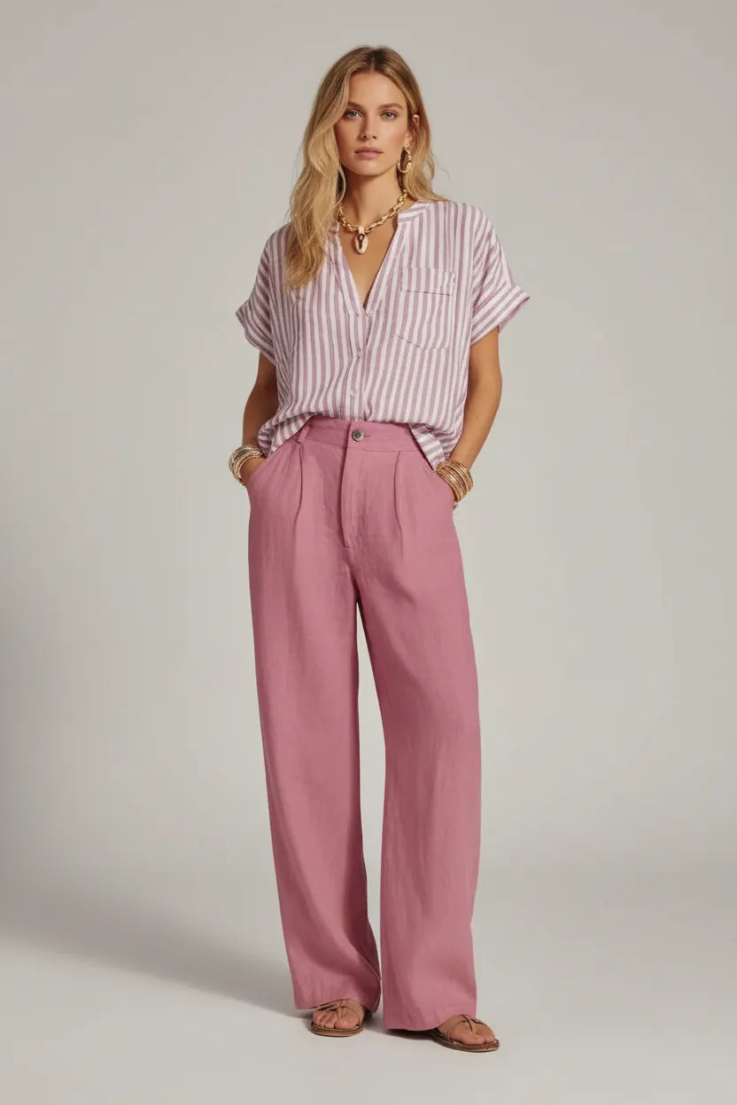 Striped Button Up Shirt and Pants Set Red / S The Nichole Collection - Official Site