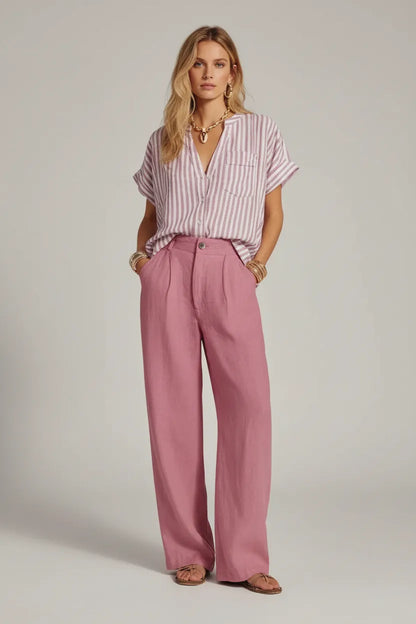Striped Button Up Shirt and Pants Set Red / S The Nichole Collection - Official Site