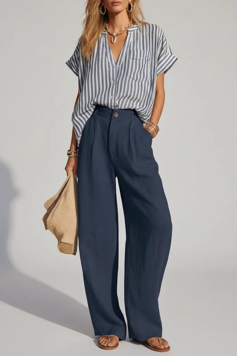 Striped Button Up Shirt and Pants Set Blue / S The Nichole Collection - Official Site