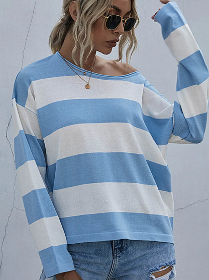 Striped Casual Long Sleeve Knit Top Shirts & Tops Blue / S The Nichole Collection