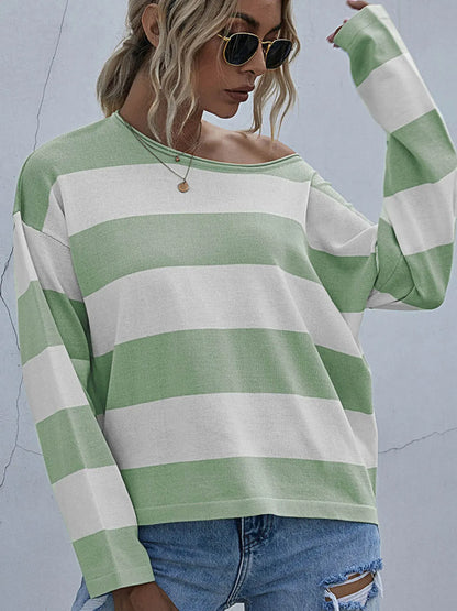 Striped Casual Long Sleeve Knit Top Green / S The Nichole Collection