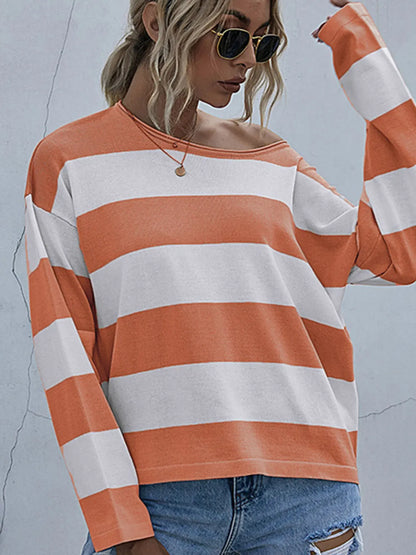 Striped Casual Long Sleeve Knit Top Orange Red / S The Nichole Collection
