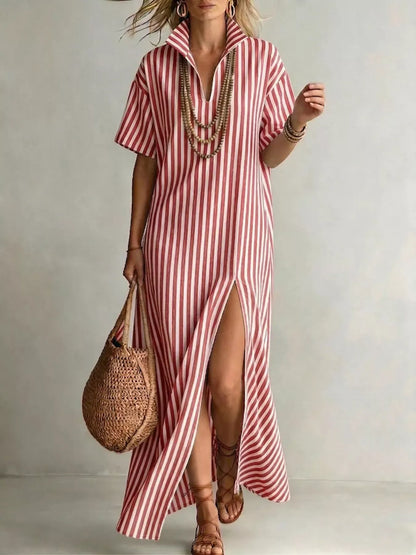 Striped High Slit Maxi Shirt Dress Red / S The Nichole Collection - Official Site