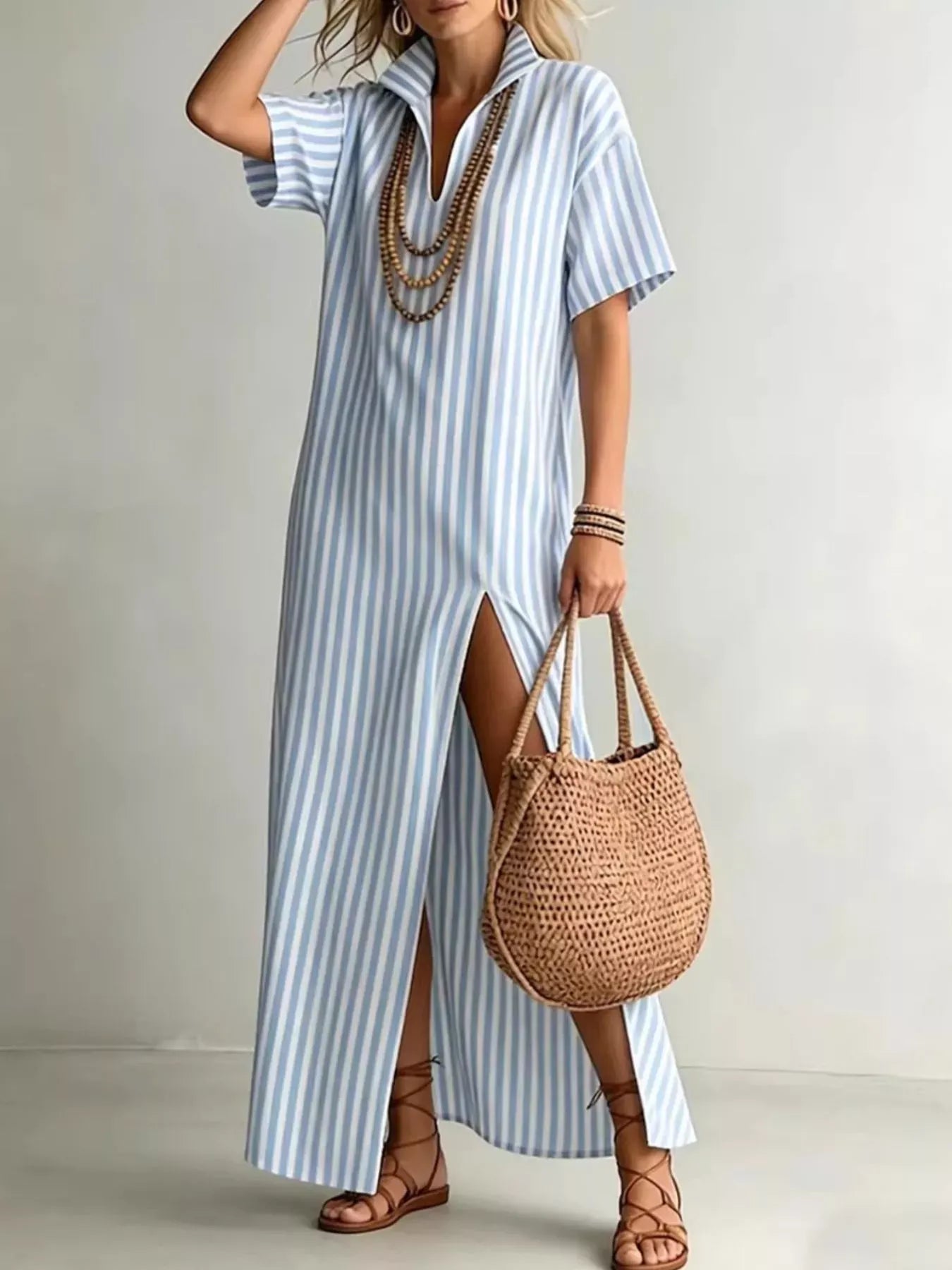 Striped High Slit Maxi Shirt Dress Sky Blue / S The Nichole Collection - Official Site