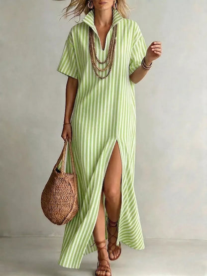 Striped High Slit Maxi Shirt Dress Green / S The Nichole Collection - Official Site