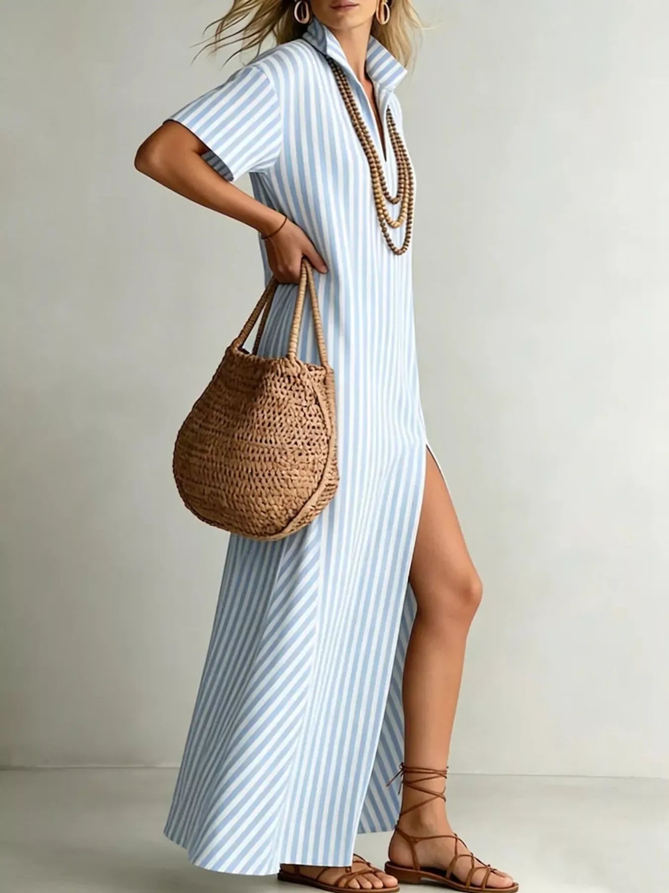 Striped High Slit Maxi Shirt Dress The Nichole Collection - Official Site