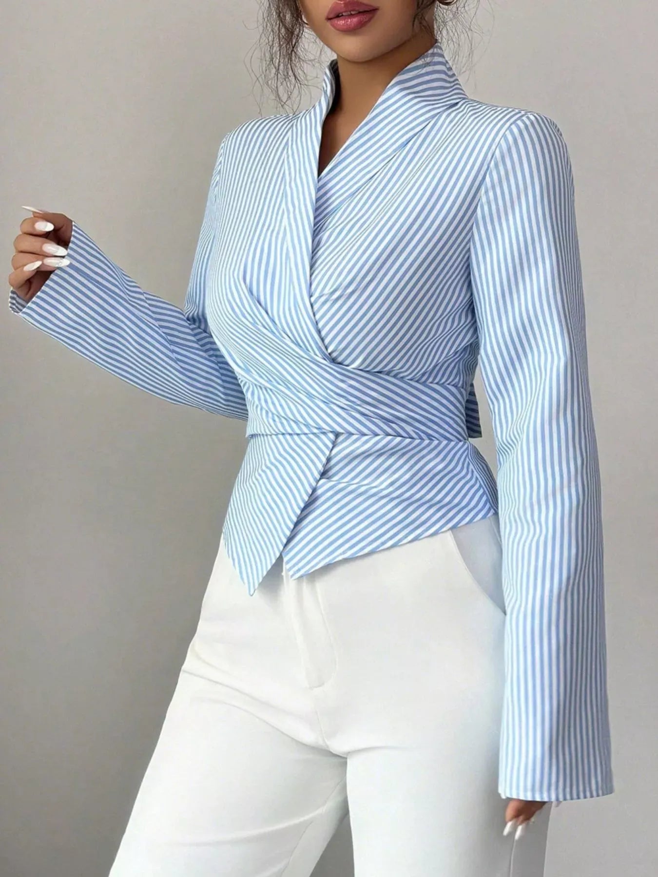 Striped Long Sleeve Wrap Blouse The Nichole Collection