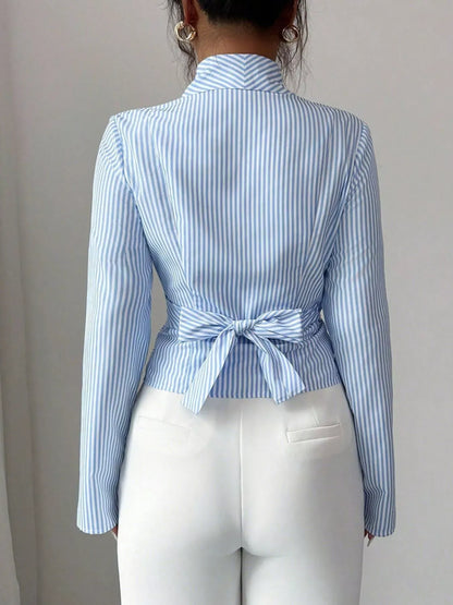 Striped Long Sleeve Wrap Blouse The Nichole Collection