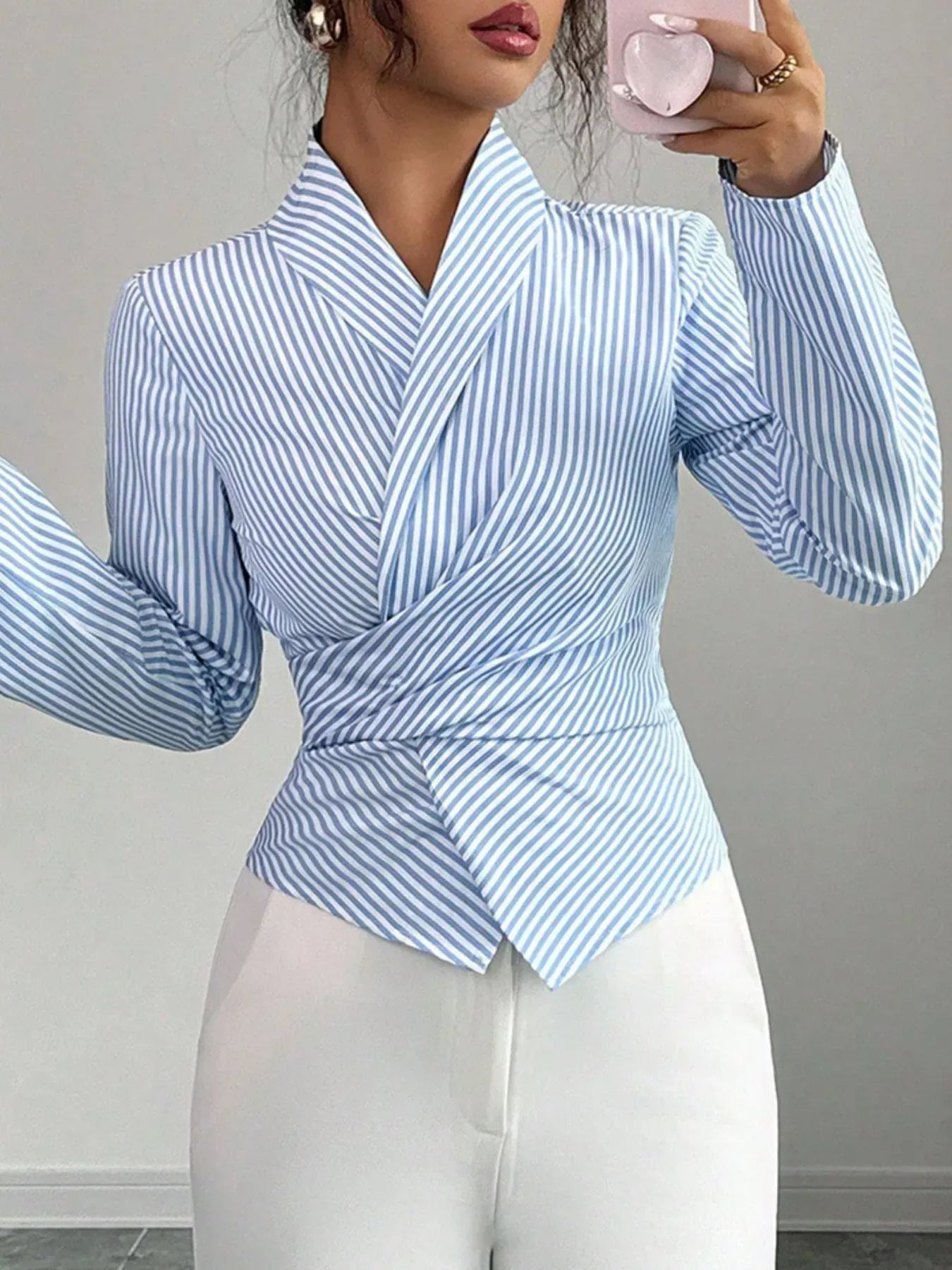 Striped Long Sleeve Wrap Blouse The Nichole Collection