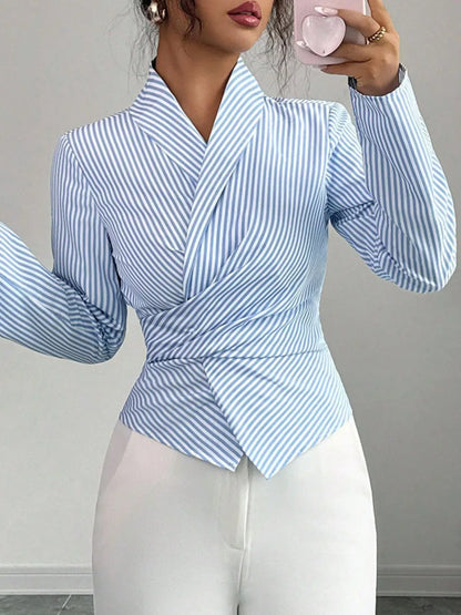 Striped Long Sleeve Wrap Blouse The Nichole Collection