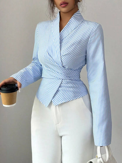 Striped Long Sleeve Wrap Blouse The Nichole Collection