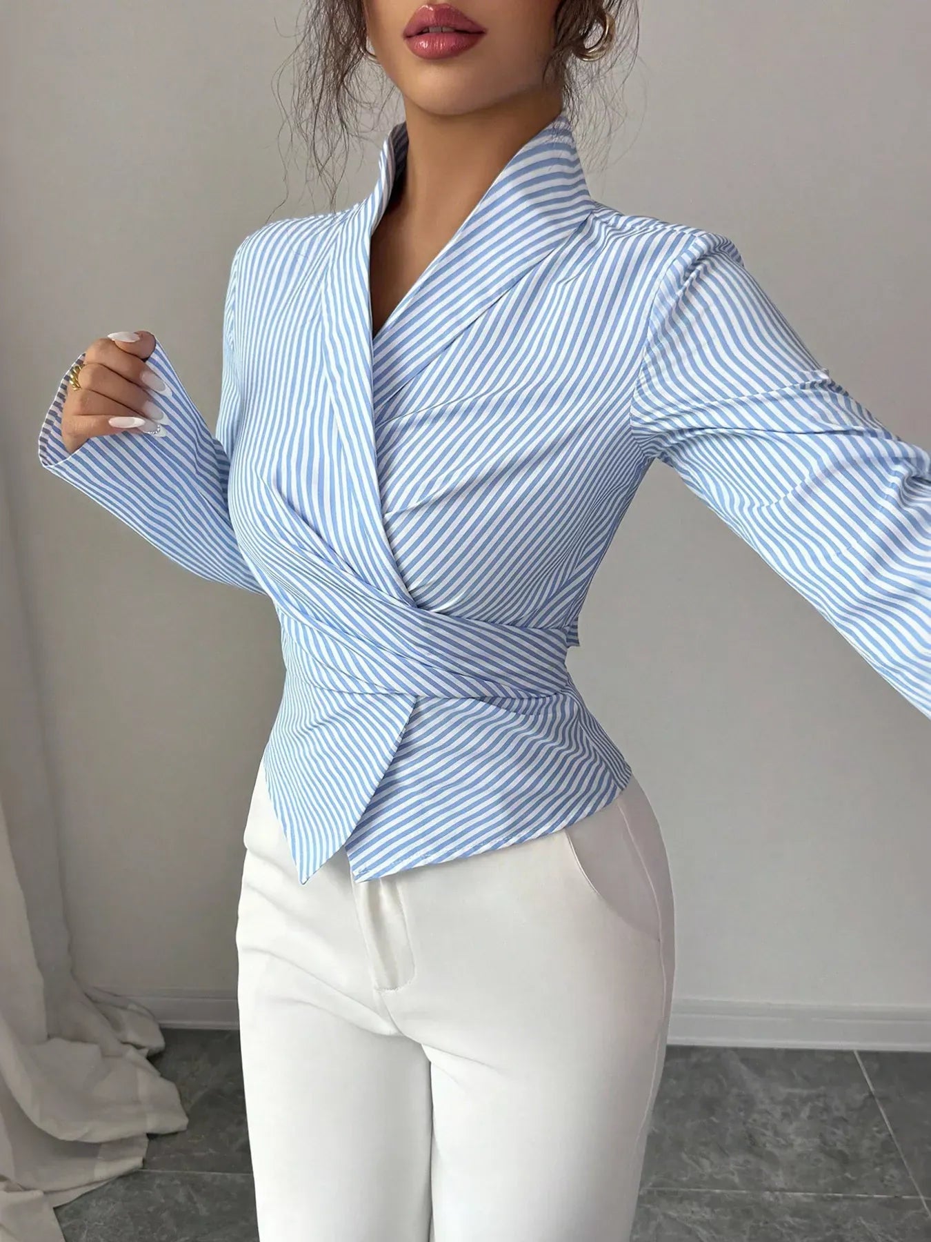 Striped Long Sleeve Wrap Blouse Blue / S The Nichole Collection