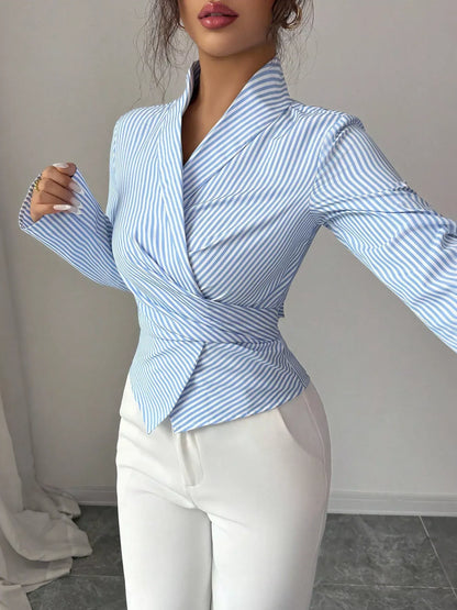 Striped Long Sleeve Wrap Blouse Blue / S The Nichole Collection