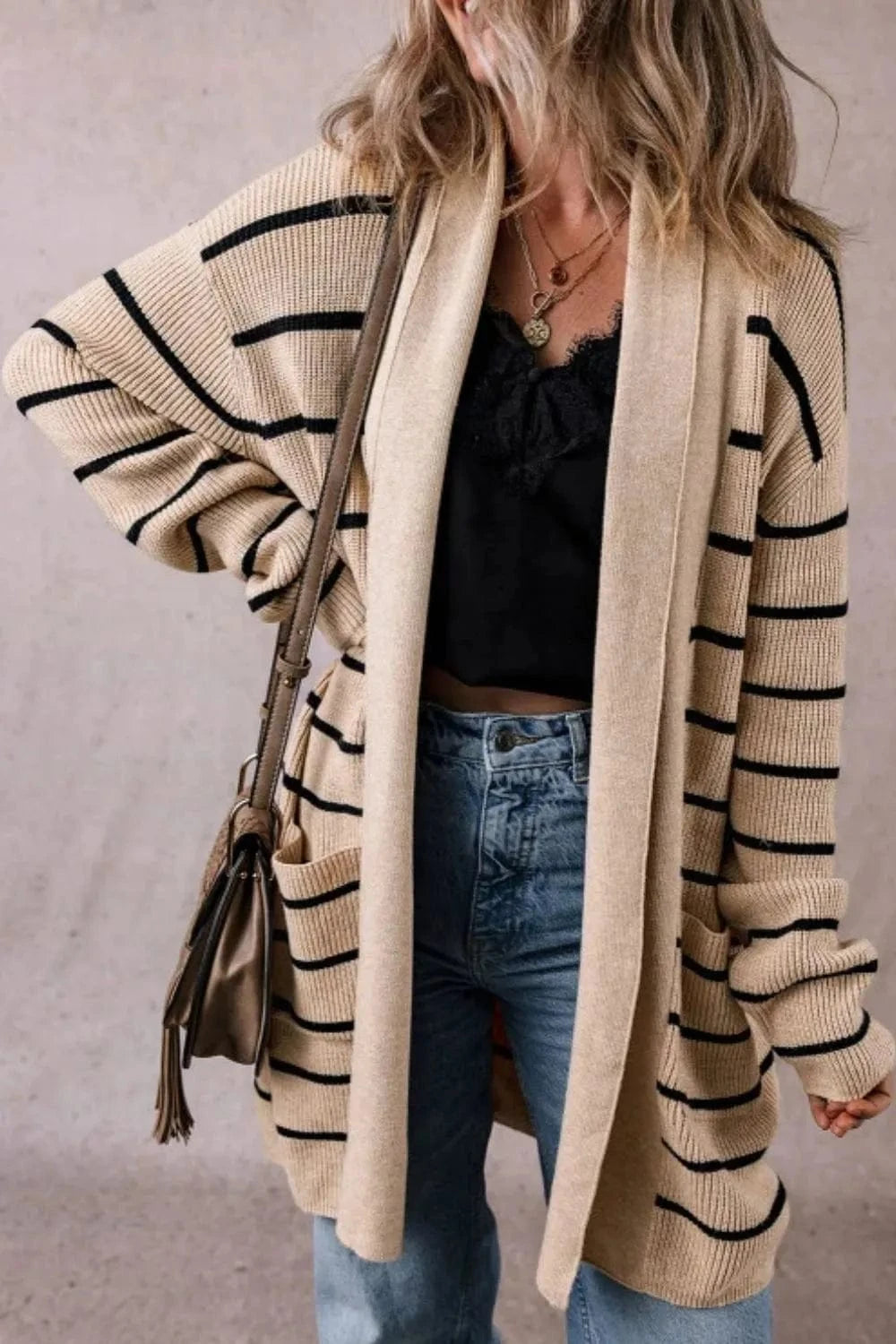 Striped Open Front Long Sleeve Cardigan Cardigan Khaki / S The Nichole Collection