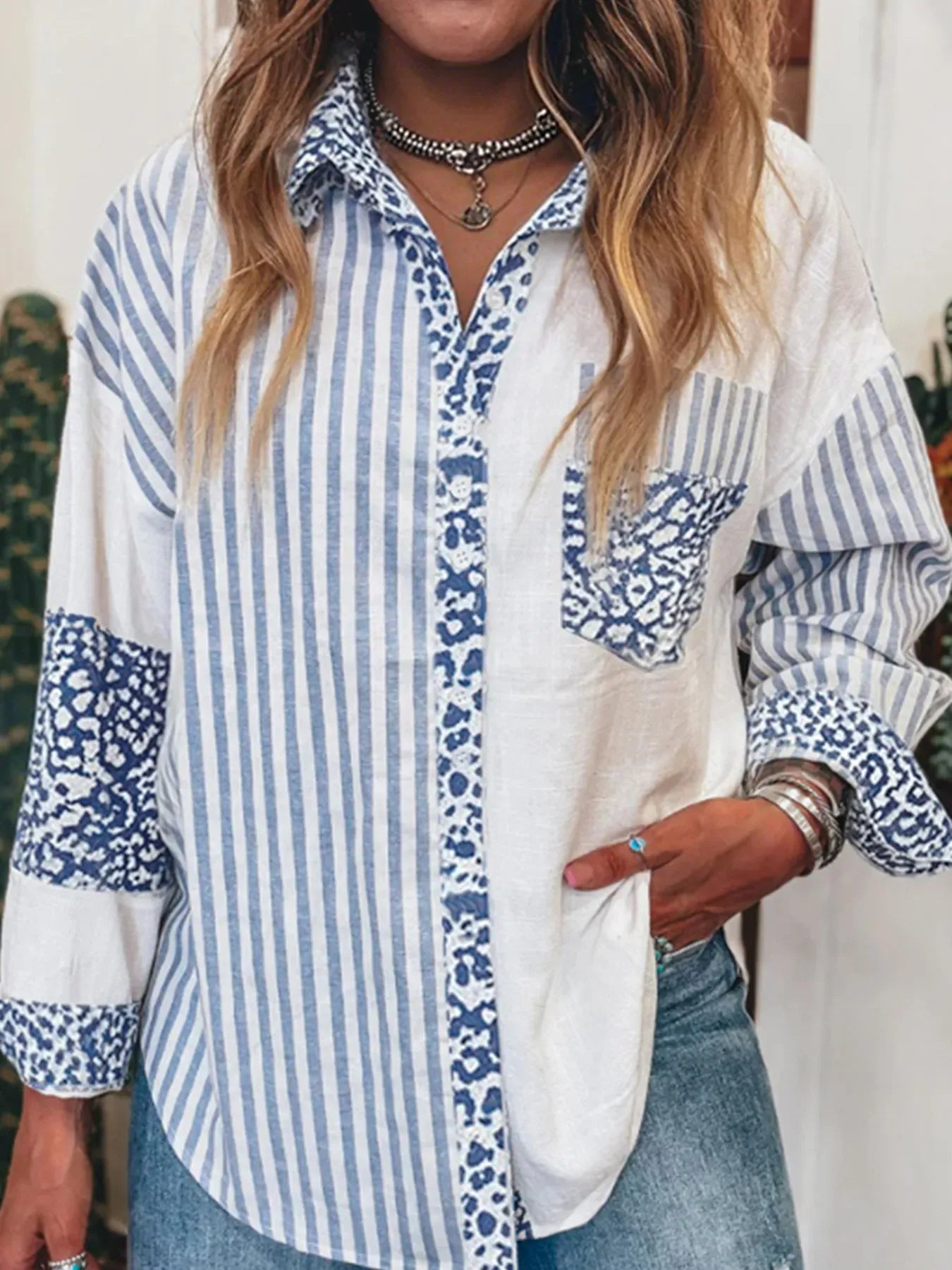 Striped Patchwork Button Down Shirt with Leopard Print Details Light Blue / S The Nichole Collection