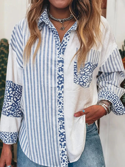 Striped Patchwork Button Down Shirt with Leopard Print Details Light Blue / S The Nichole Collection