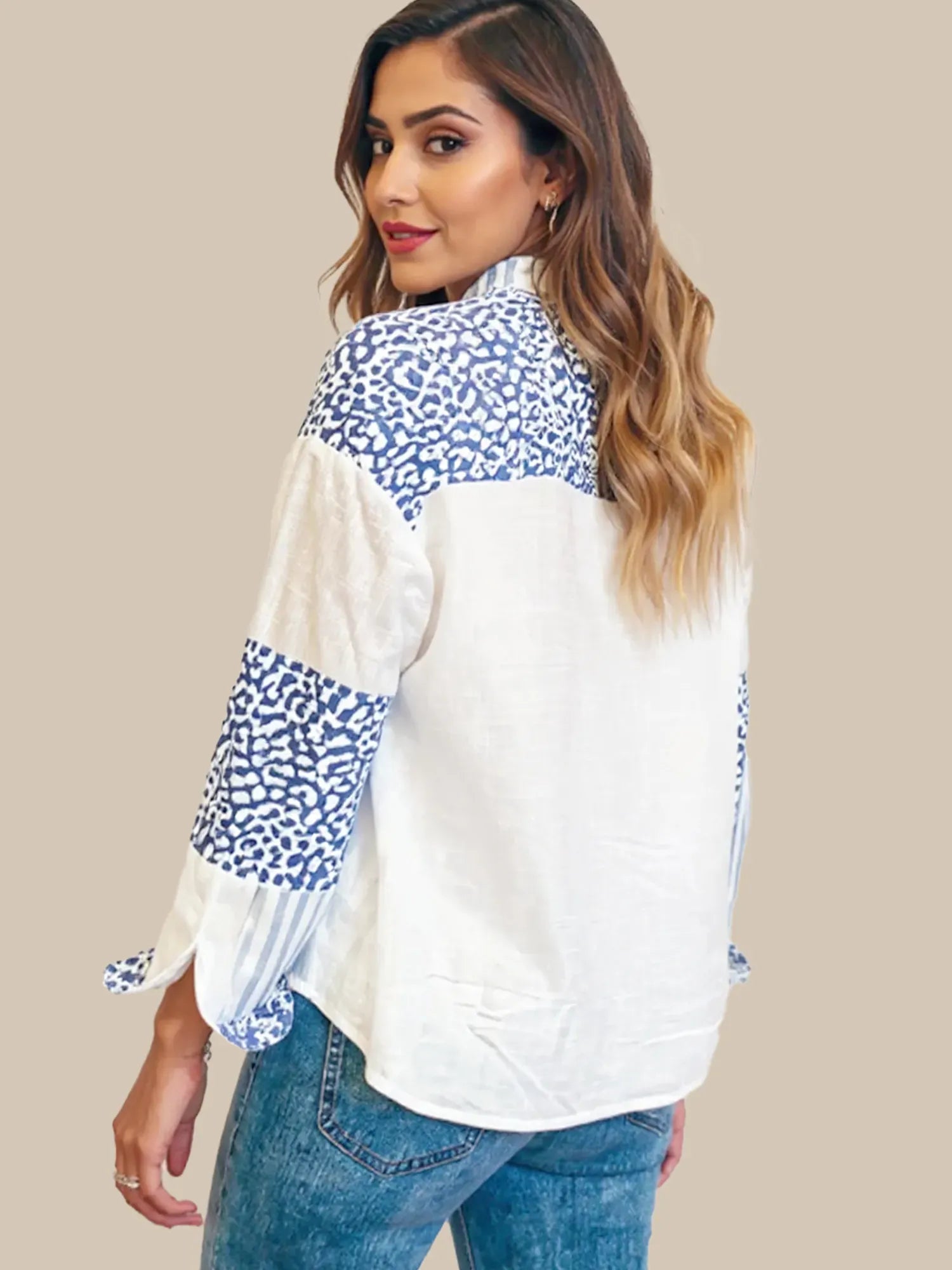 Striped Patchwork Button Down Shirt with Leopard Print Details The Nichole Collection