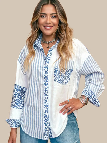 Striped Patchwork Button Down Shirt with Leopard Print Details The Nichole Collection