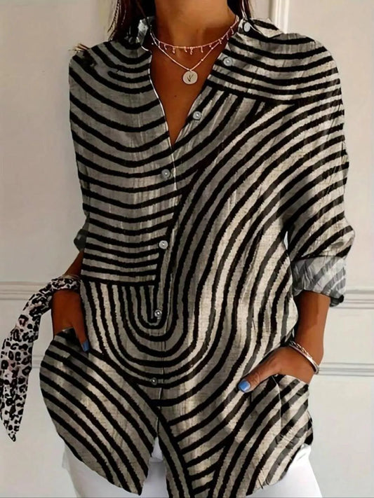Striped Print Long Sleeve Button-Down Shirt Zebra / S The Nichole Collection - Official Site