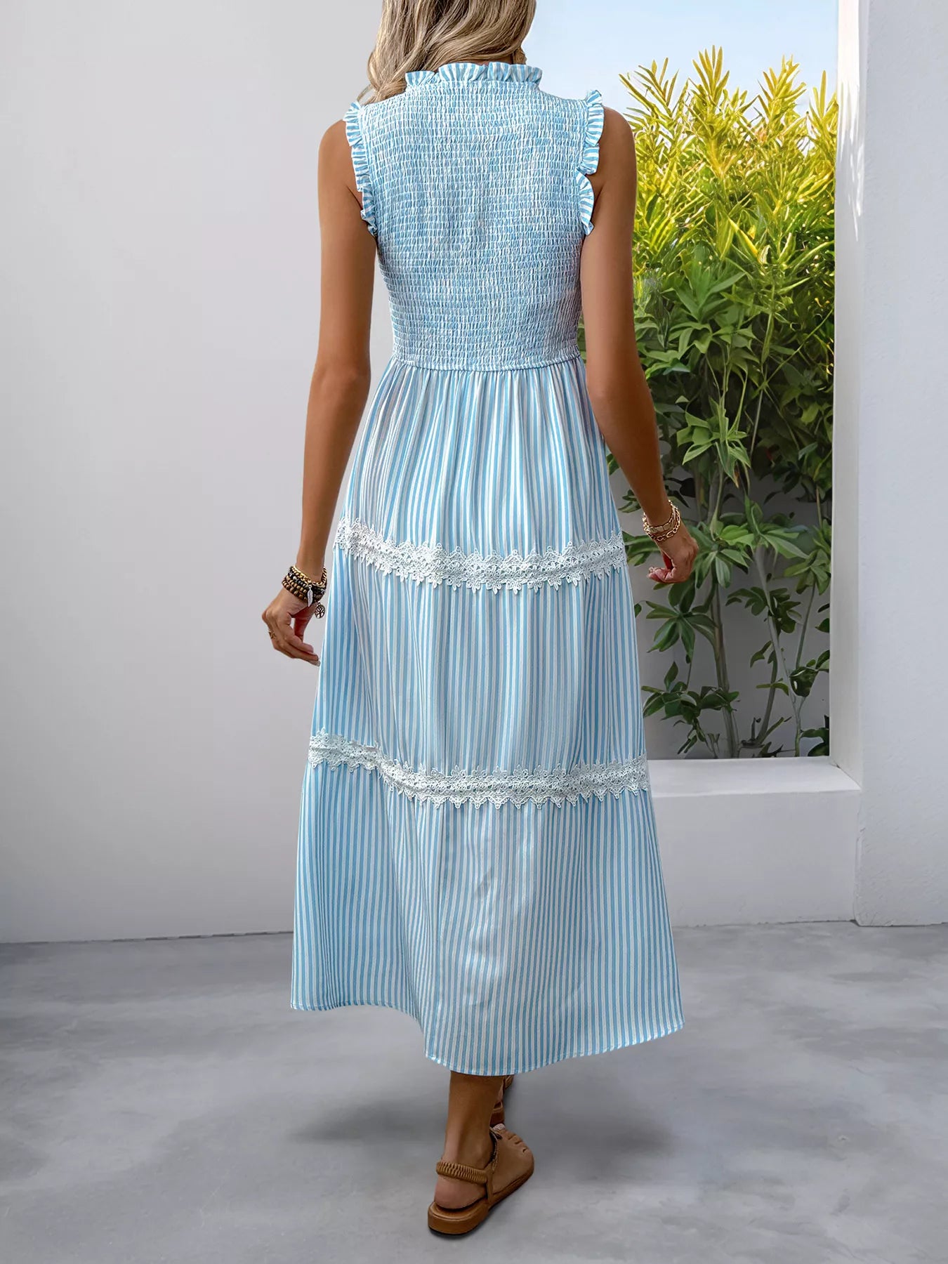 Striped Smocked Sleeveless Tiered Midi Dress The Nichole Collection