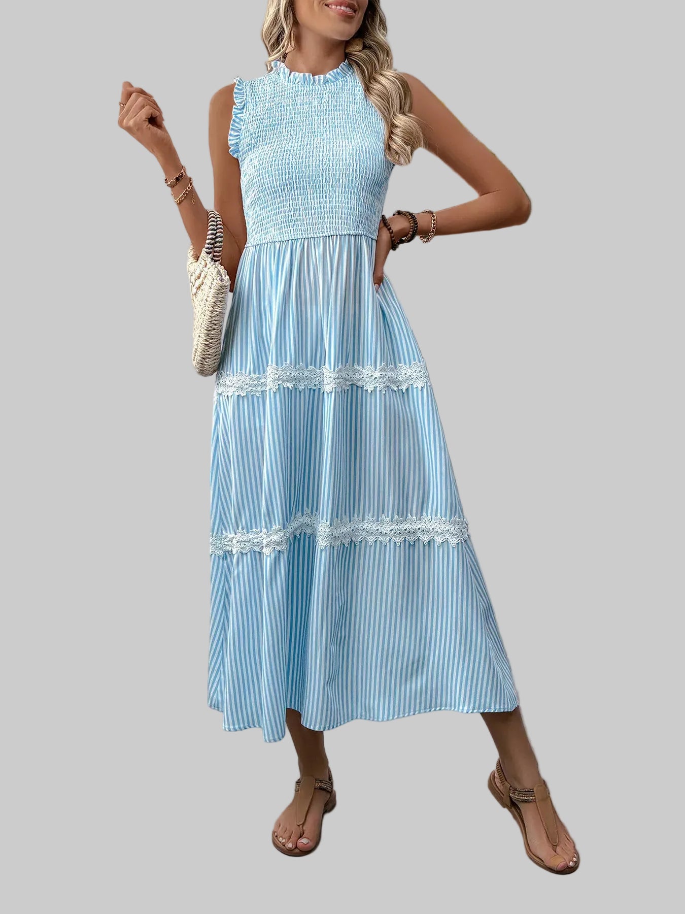 Striped Smocked Sleeveless Tiered Midi Dress Blue / S The Nichole Collection