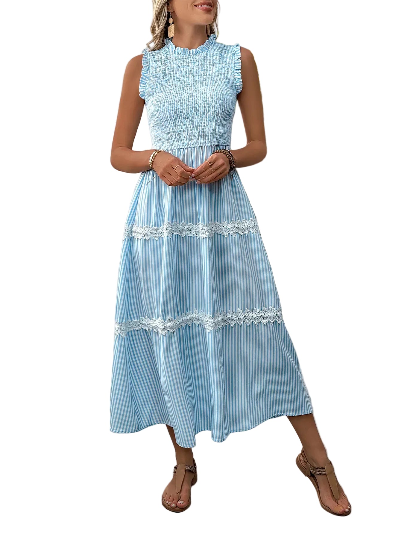 Striped Smocked Sleeveless Tiered Midi Dress The Nichole Collection