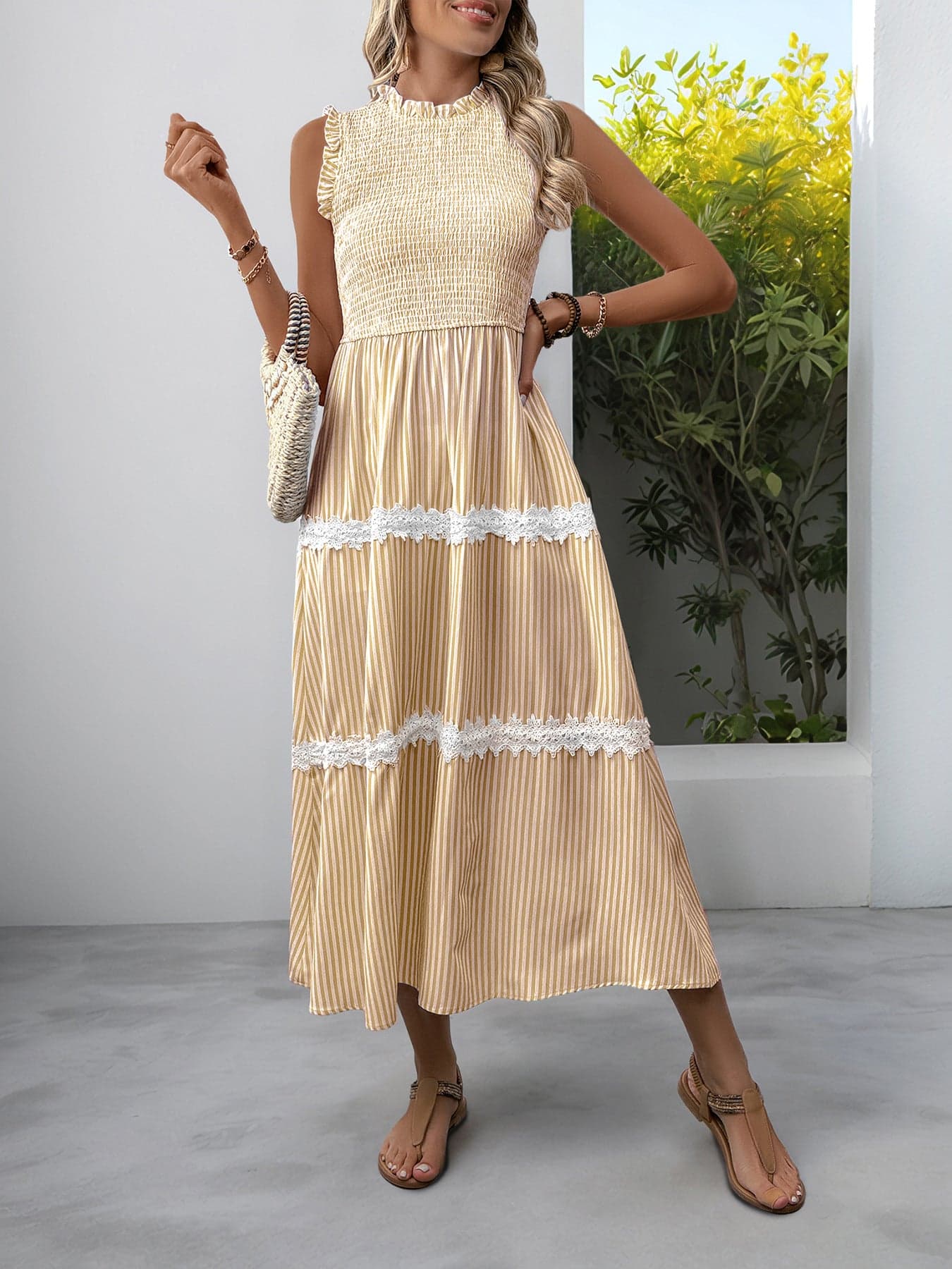 Striped Smocked Sleeveless Tiered Midi Dress The Nichole Collection