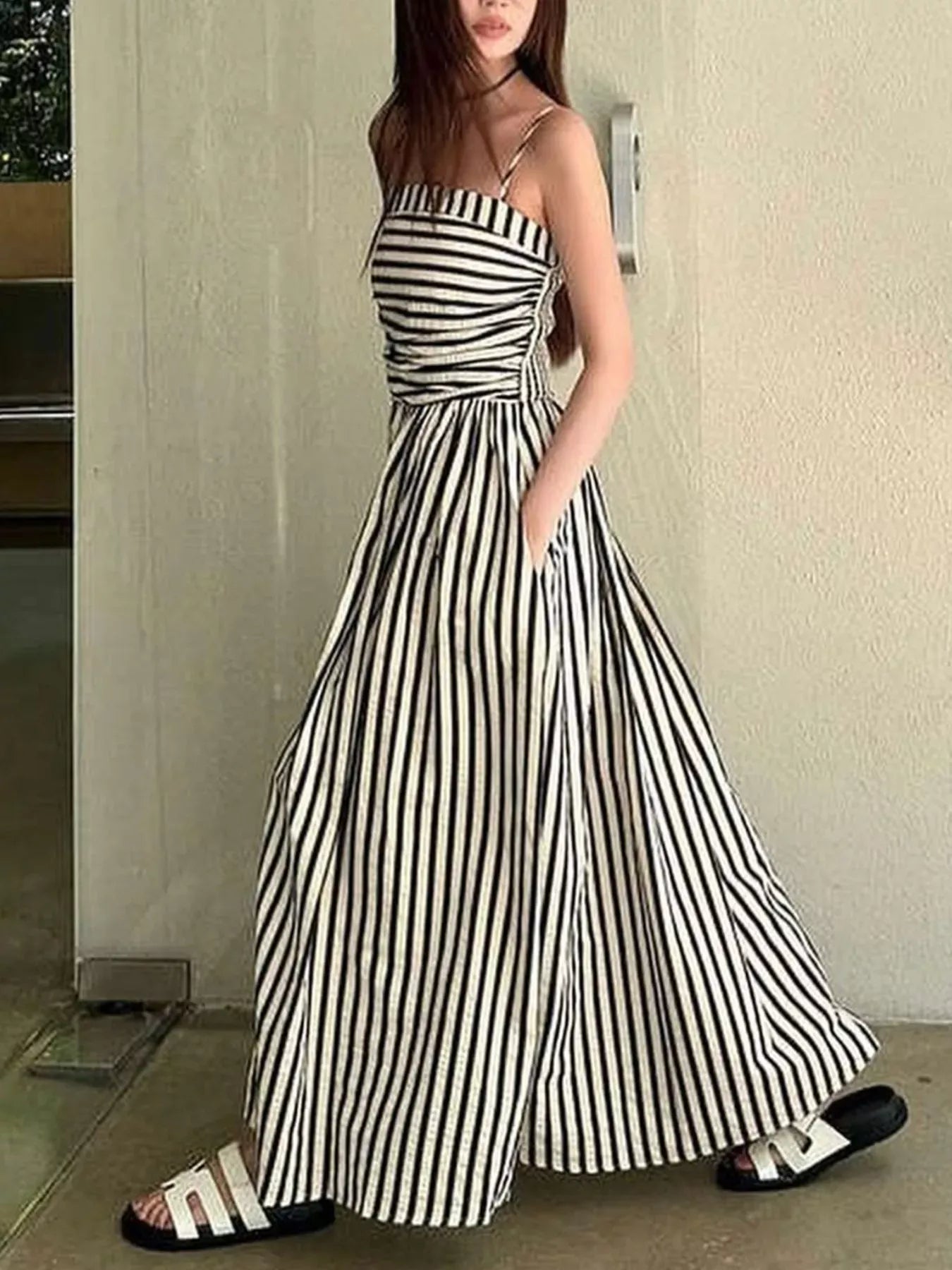 Striped Spaghetti Strap Casual Maxi Dress The Nichole Collection