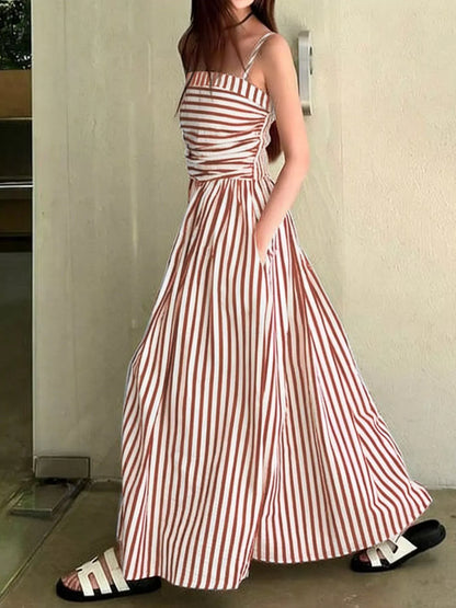 Striped Spaghetti Strap Casual Maxi Dress Brown / S The Nichole Collection