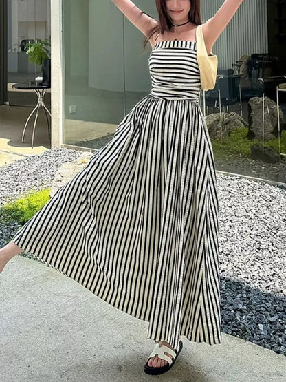 Striped Spaghetti Strap Casual Maxi Dress Black / S The Nichole Collection