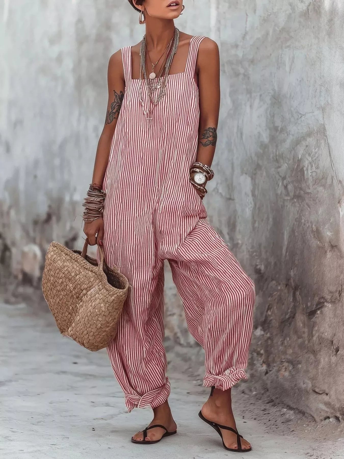 Striped Square Neck Wide Leg Jumpsuit Red / S The Nichole Collection