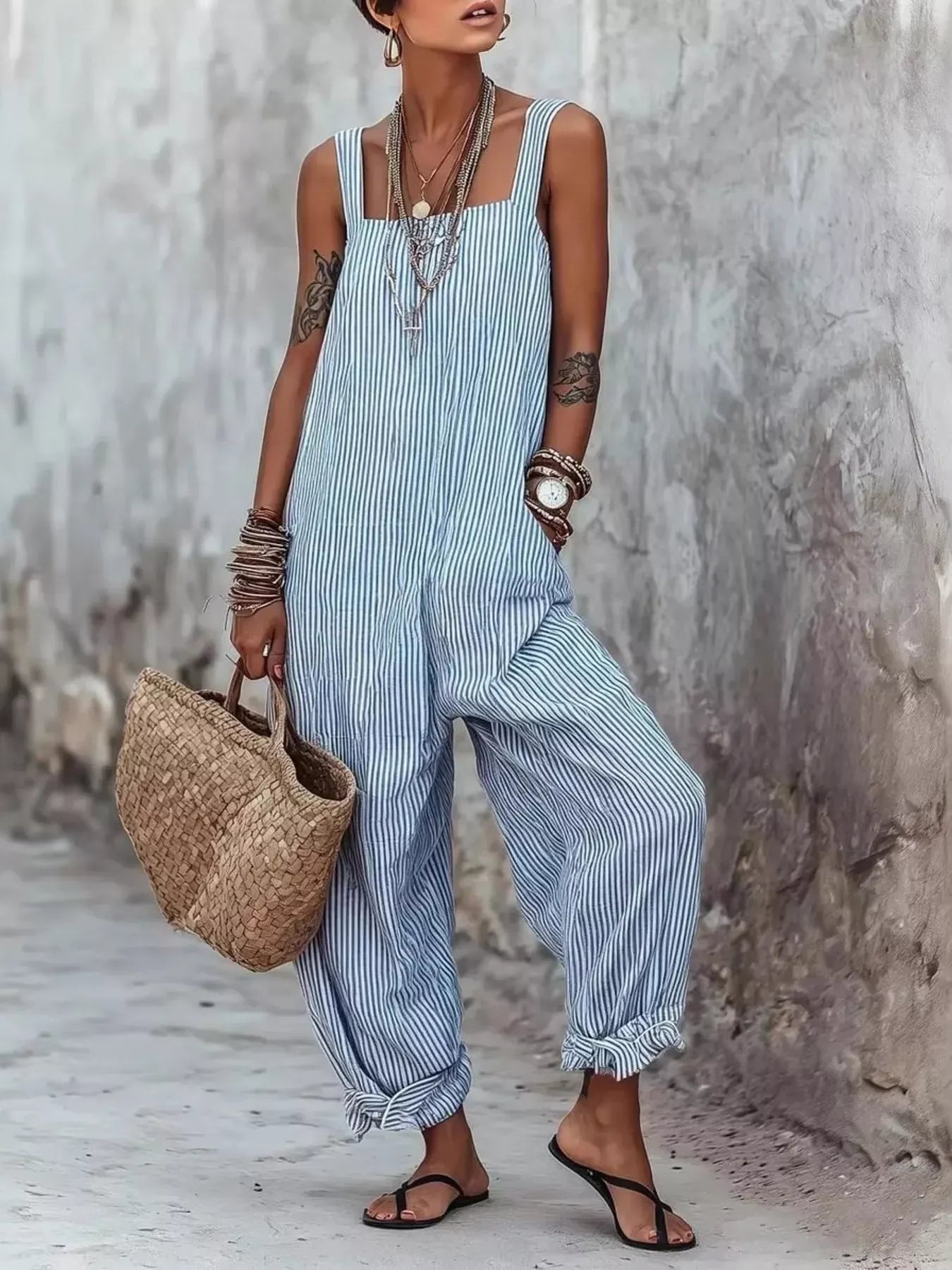 Striped Square Neck Wide Leg Jumpsuit Sky Blue / S The Nichole Collection