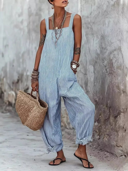 Striped Square Neck Wide Leg Jumpsuit Sky Blue / S The Nichole Collection
