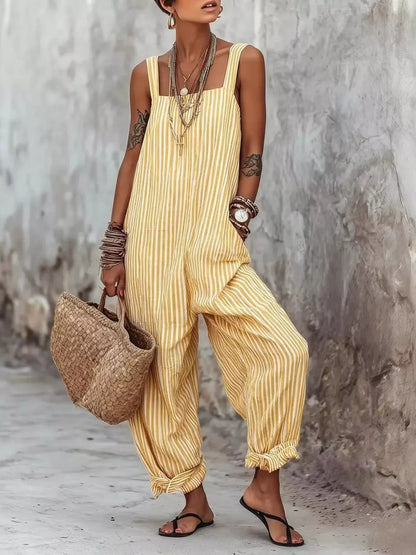 Striped Square Neck Wide Leg Jumpsuit Yellow / S The Nichole Collection