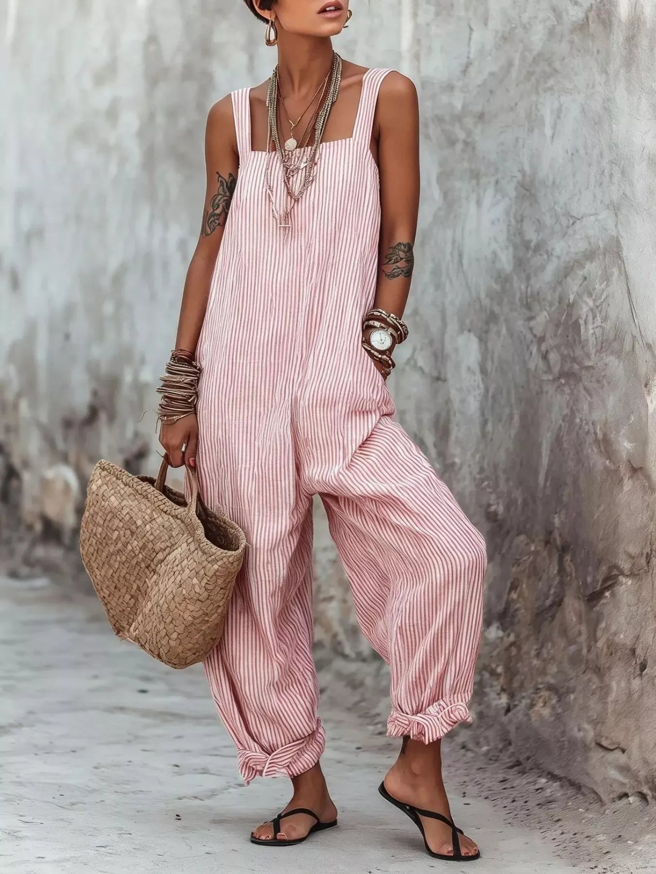 Striped Square Neck Wide Leg Jumpsuit Pink / S The Nichole Collection