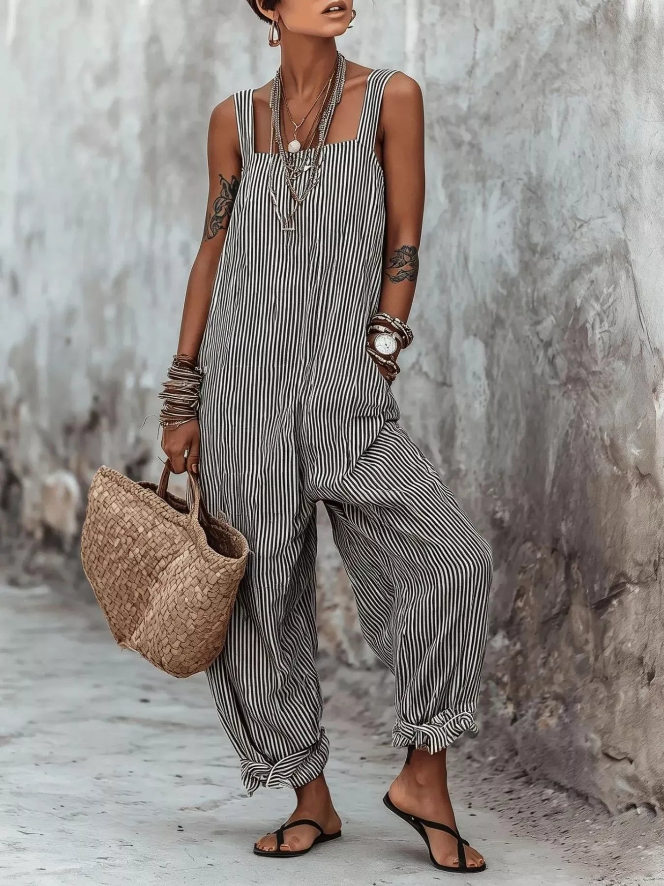 Striped Square Neck Wide Leg Jumpsuit Black / S The Nichole Collection