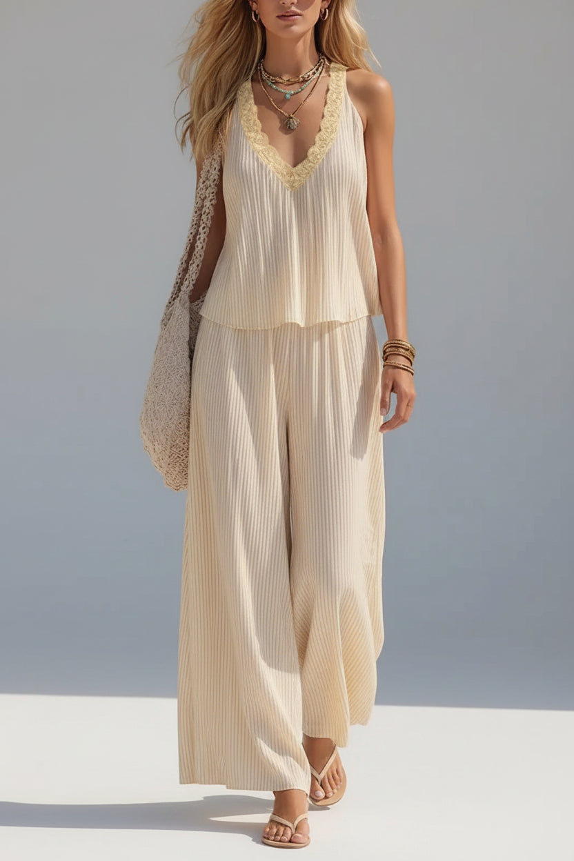 Striped V-Neck Tank & Wide-Leg Pants Set Yellow / S The Nichole Collection