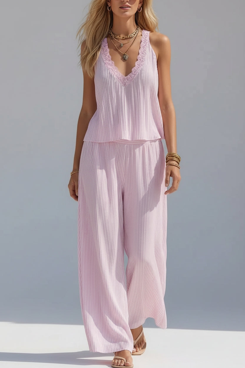Striped V-Neck Tank & Wide-Leg Pants Set Pink / S The Nichole Collection