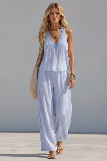 Striped V-Neck Tank & Wide-Leg Pants Set Sky Blue / S The Nichole Collection