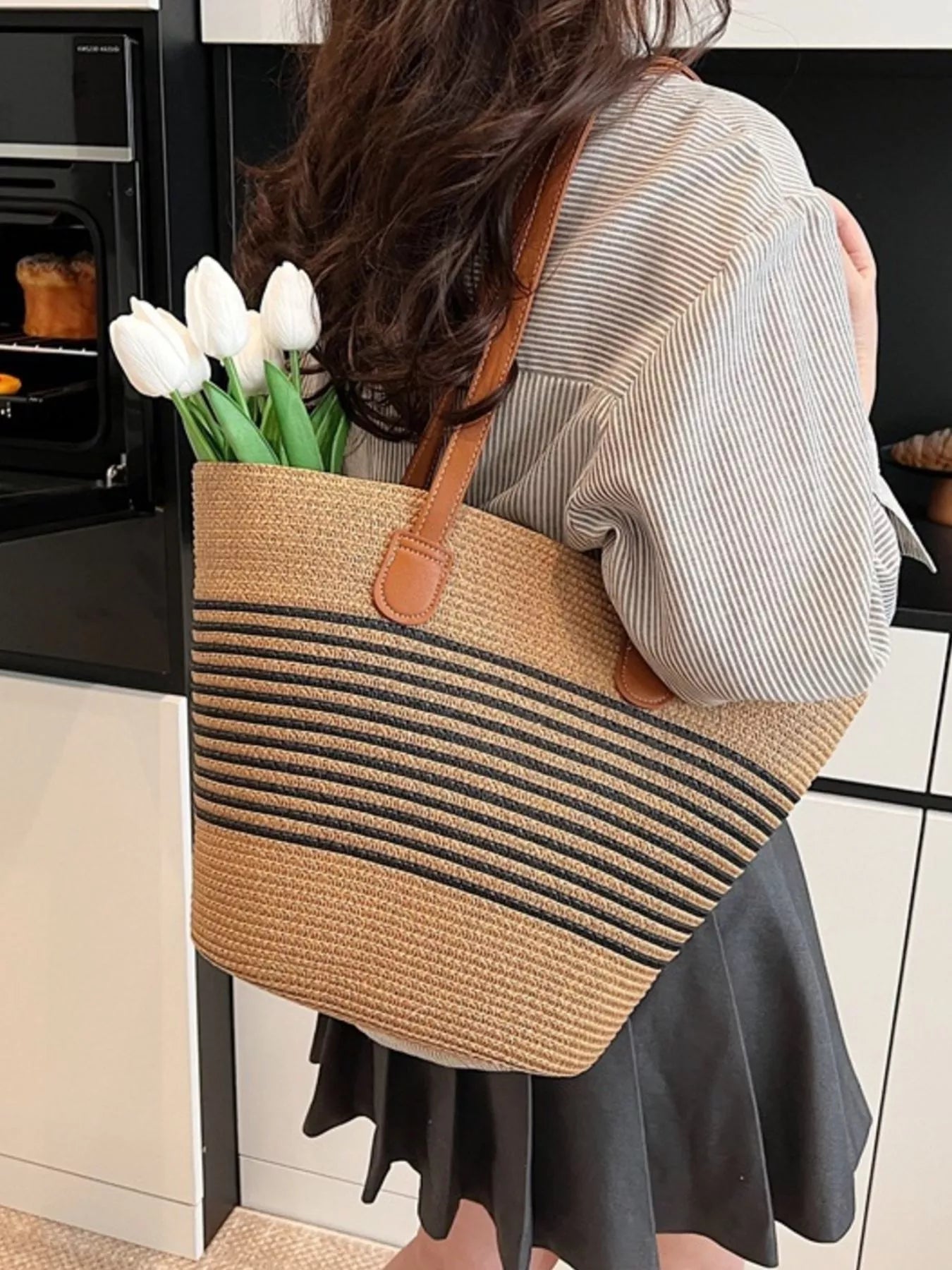 Striped Woven Straw Shoulder Bag Black / One Size The Nichole Collection - Official Site