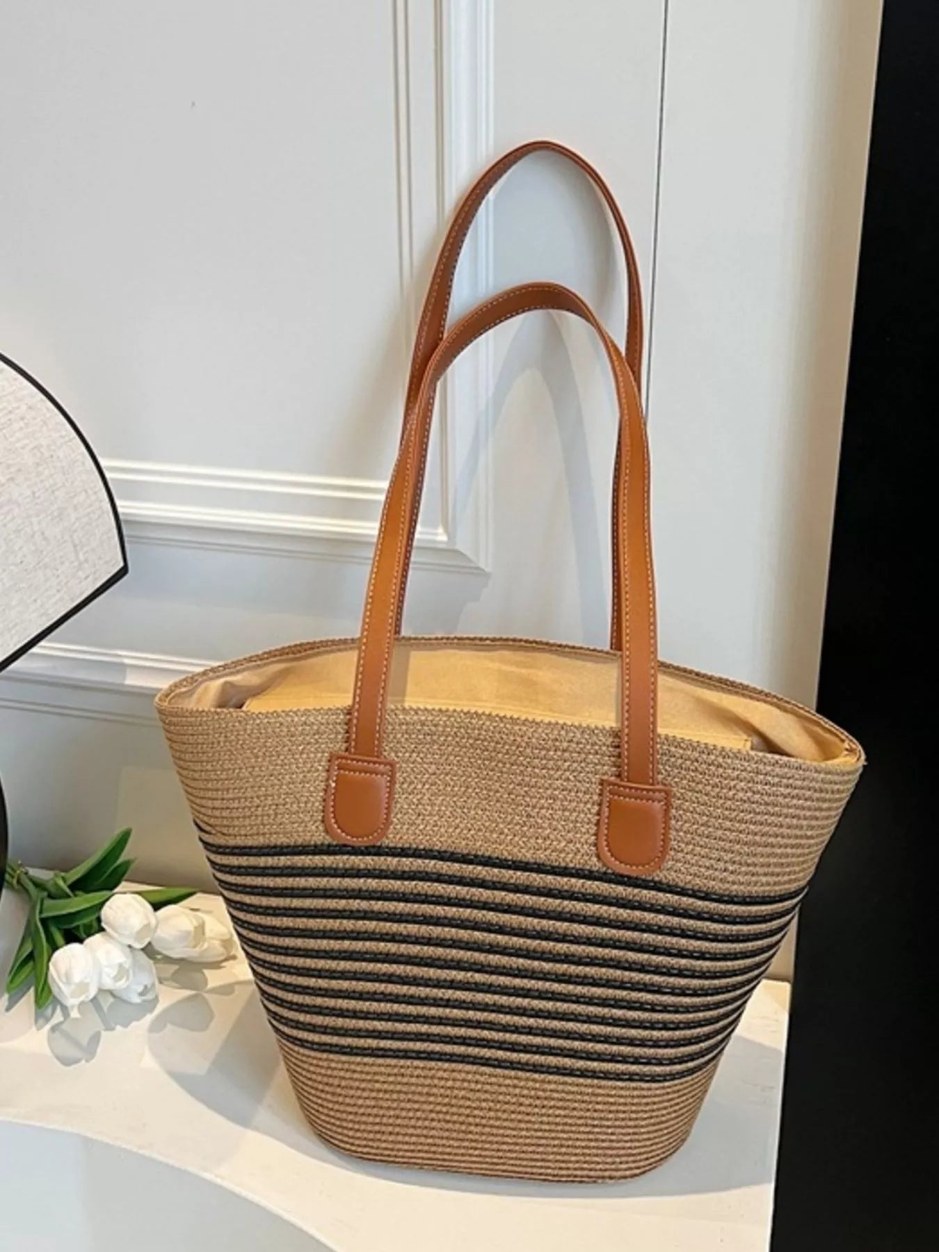 Striped Woven Straw Shoulder Bag Black / One Size The Nichole Collection - Official Site
