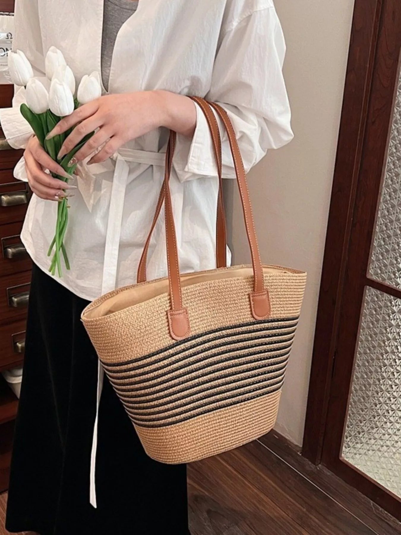 Striped Woven Straw Shoulder Bag Black / One Size The Nichole Collection - Official Site